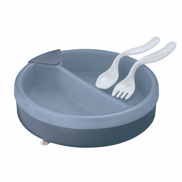 Thermal plate with suction cup base and cutlery